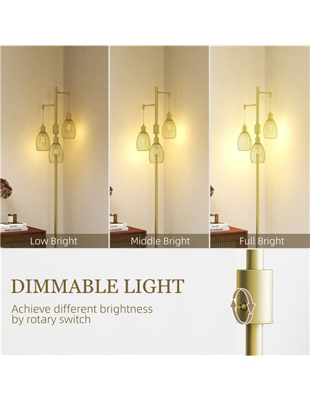 HOMCOM 170cm Industrial 3-Light Floor Lamp, Dimmable Standing Lamp with Steel Lampshades for Living Room, Bedroom, Dinging Room, - pic 152956 | FastDaddyshop