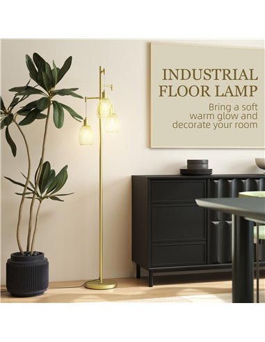 HOMCOM 170cm Industrial 3-Light Floor Lamp, Dimmable Standing Lamp with Steel Lampshades for Living Room, Bedroom, Dinging Room,
