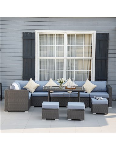 Outsunny 9-Seater 10 Pcs Rattan Garden Rattan Furniture Set, Grey with Dusty Blue Cushion