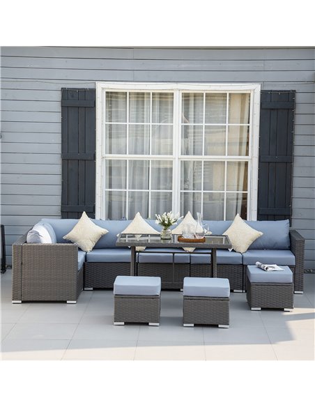 Outsunny 9-Seater 10 Pcs Rattan Garden Rattan Furniture Set, Grey with Dusty Blue Cushion - pic 15297 | FastDaddyshop