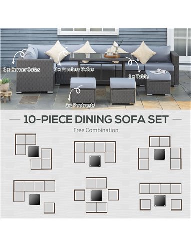 Outsunny 9-Seater 10 Pcs Rattan Garden Rattan Furniture Set, Grey with Dusty Blue Cushion