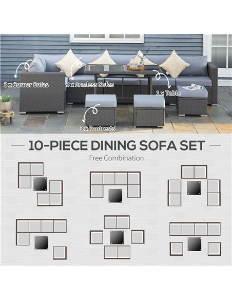 Outsunny 9-Seater 10 Pcs Rattan Garden Rattan Furniture Set, Grey with Dusty Blue Cushion - pic 15299 | FastDaddyshop
