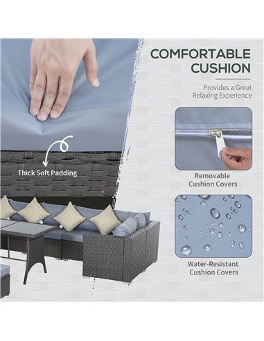 Outsunny 9-Seater 10 Pcs Rattan Garden Rattan Furniture Set, Grey with Dusty Blue Cushion