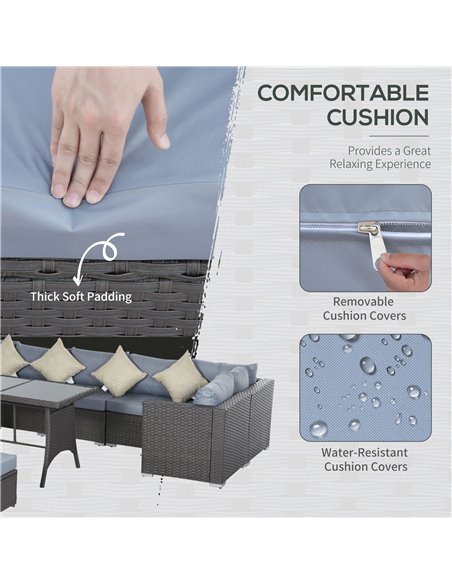 Outsunny 9-Seater 10 Pcs Rattan Garden Rattan Furniture Set, Grey with Dusty Blue Cushion - pic 15300 | FastDaddyshop