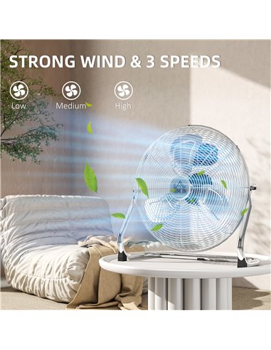 HOMCOM Metal Floor Fan with 3 Speeds & 120° Adjustable Tilt - Silver Tone