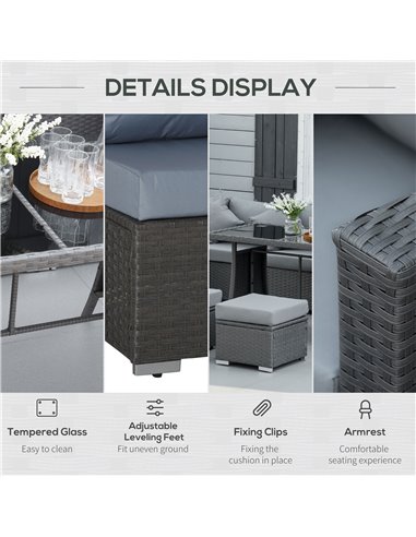 Outsunny 9-Seater 10 Pcs Rattan Garden Rattan Furniture Set, Grey with Dusty Blue Cushion