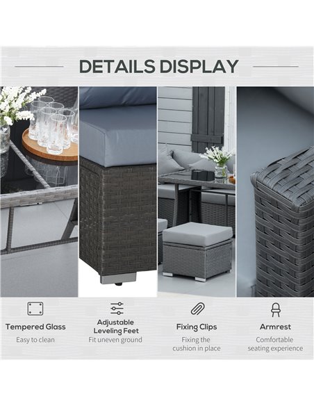 Outsunny 9-Seater 10 Pcs Rattan Garden Rattan Furniture Set, Grey with Dusty Blue Cushion - pic 15302 | FastDaddyshop