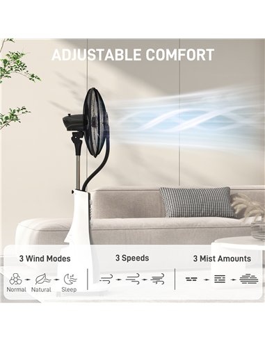 HOMCOM Pedestal Fan with Water Mist Spray, Spray Misting Fan with 75° Oscillation, Tilt Head, 3 Speeds, 3 Modes, 3 Mist, 3L Wate
