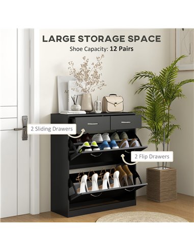 HOMCOM Narrow Shoe Storage with 2 Flip Drawers and Adjustable Shelves Shoe Cabinet Organizer for 12 Pairs of Shoes, Black