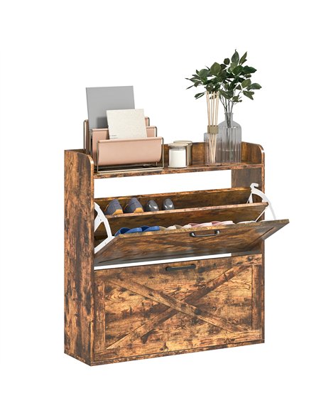 HOMCOM Two Flip Drawer Narrow Shoe Cabinet with Adjustable Shelves - Rustic Brown - pic 153142 | FastDaddyshop