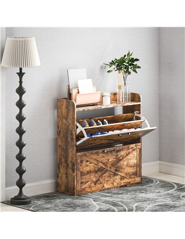 HOMCOM Two Flip Drawer Narrow Shoe Cabinet with Adjustable Shelves - Rustic Brown