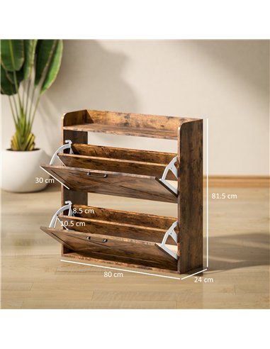 HOMCOM Two Flip Drawer Narrow Shoe Cabinet with Adjustable Shelves - Rustic Brown