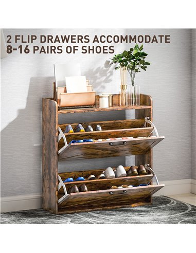 HOMCOM Two Flip Drawer Narrow Shoe Cabinet with Adjustable Shelves - Rustic Brown