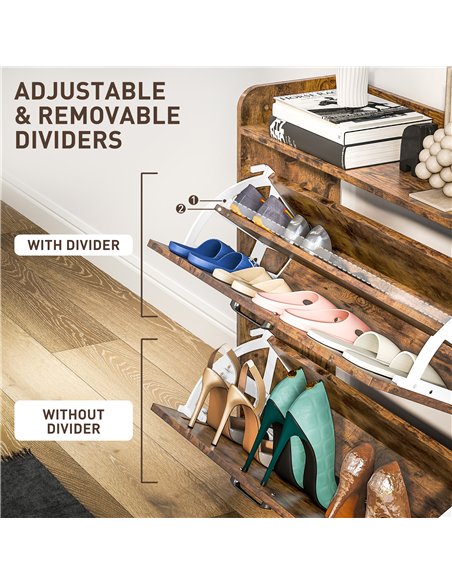 HOMCOM Two Flip Drawer Narrow Shoe Cabinet with Adjustable Shelves - Rustic Brown - pic 153146 | FastDaddyshop