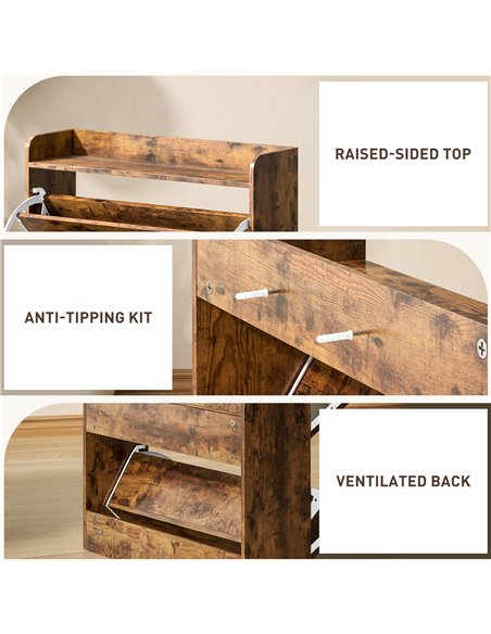 HOMCOM Two Flip Drawer Narrow Shoe Cabinet with Adjustable Shelves - Rustic Brown - pic 153148 | FastDaddyshop