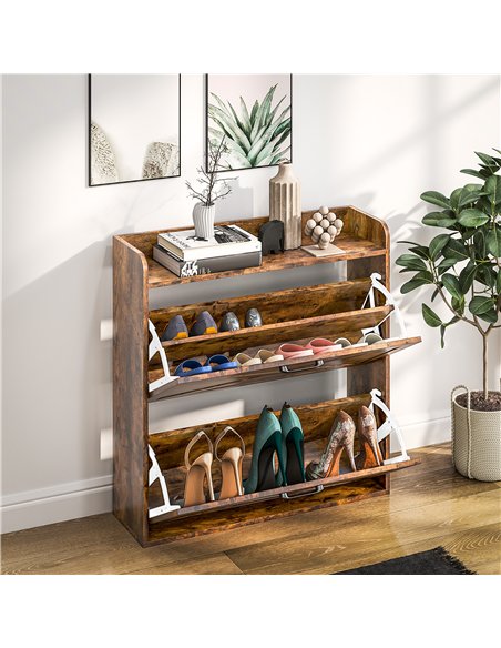 HOMCOM Two Flip Drawer Narrow Shoe Cabinet with Adjustable Shelves - Rustic Brown - pic 153150 | FastDaddyshop