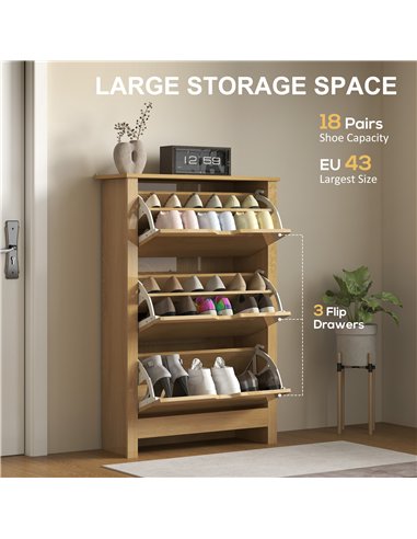 HOMCOM Slim Shoe Cabinet, Narrow Shoe Cupboard with 3 Drawers, Adjustable Shelves for 18 Pairs of Shoes, Natural Wood Finish