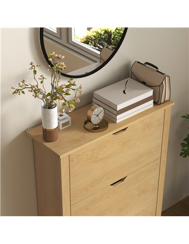 HOMCOM Slim Shoe Cabinet, Narrow Shoe Cupboard with 3 Drawers, Adjustable Shelves for 18 Pairs of Shoes, Natural Wood Finish