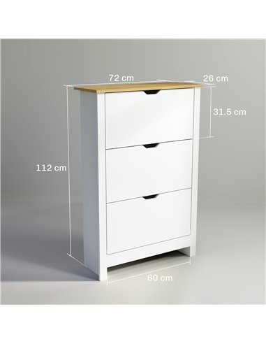 HOMCOM Slim Shoe Cabinet, Narrow Shoe Cupboard with 3 Flip Drawers, Adjustable Shelves for 18 Pairs of Shoes, High Gloss White