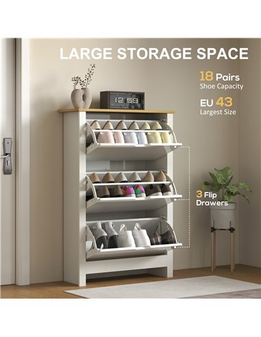HOMCOM Slim Shoe Cabinet, Narrow Shoe Cupboard with 3 Flip Drawers, Adjustable Shelves for 18 Pairs of Shoes, High Gloss White