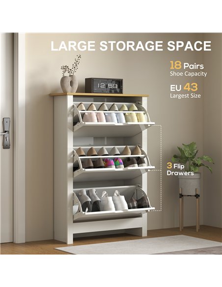 HOMCOM Slim Shoe Cabinet, Narrow Shoe Cupboard with 3 Flip Drawers, Adjustable Shelves for 18 Pairs of Shoes, High Gloss White - pic 153163 | FastDaddyshop