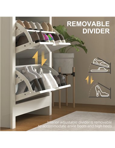 HOMCOM Slim Shoe Cabinet, Narrow Shoe Cupboard with 3 Flip Drawers, Adjustable Shelves for 18 Pairs of Shoes, High Gloss White