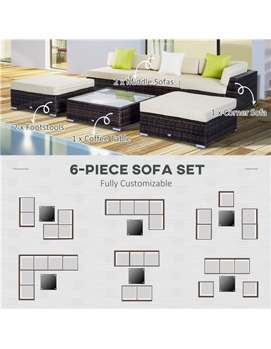 Outsunny 6 PC Outdoor Rattan Sofa Furniture Set with Coffee Table, Pillow Cushion, Brown