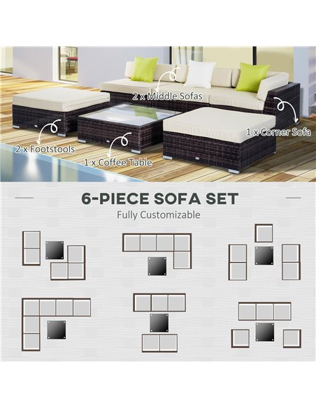 Outsunny 6 PC Outdoor Rattan Sofa Furniture Set with Coffee Table, Pillow Cushion, Brown - pic 15317 | FastDaddyshop