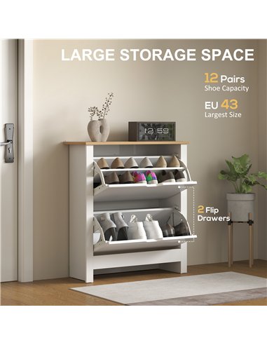 HOMCOM Slim Shoe Cabinet, Narrow Shoe Cupboard with 2 Flip Drawers, Adjustable Shelves for 12 Pairs of Shoes, High Gloss White