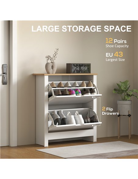 HOMCOM Slim Shoe Cabinet, Narrow Shoe Cupboard with 2 Flip Drawers, Adjustable Shelves for 12 Pairs of Shoes, High Gloss White - pic 153172 | FastDaddyshop