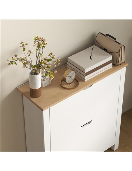 HOMCOM Slim Shoe Cabinet, Narrow Shoe Cupboard with 2 Flip Drawers, Adjustable Shelves for 12 Pairs of Shoes, High Gloss White - pic 153176 | FastDaddyshop