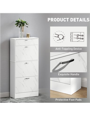 HOMCOM Marble Shoe Storage Cabinet with 3 Flip Drawers, Hallway Cabinet with Top Drawer and Adjustable Shelves, Shoe Cupboard fo
