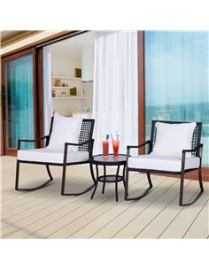 Outsunny 3 Pieces PE Rattan Garden Rocking Chair Set with Cushion, Round Coffee Table, Brown 2