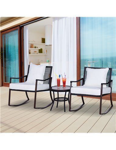 Outsunny 3 Pieces PE Rattan Garden Rocking Chair Set with Cushion, Round Coffee Table, Brown