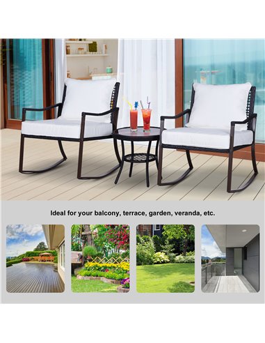 Outsunny 3 Pieces PE Rattan Garden Rocking Chair Set with Cushion, Round Coffee Table, Brown
