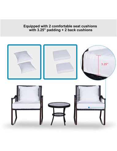 Outsunny 3 Pieces PE Rattan Garden Rocking Chair Set with Cushion, Round Coffee Table, Brown