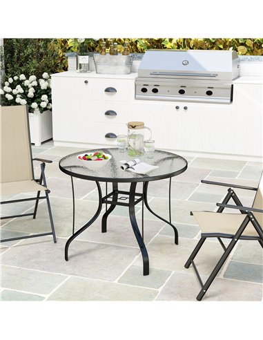 Outsunny Tempered Glass Top Round Outdoor Dining Table with Parasol Hole, 96.5 x 96.5 x 71 cm