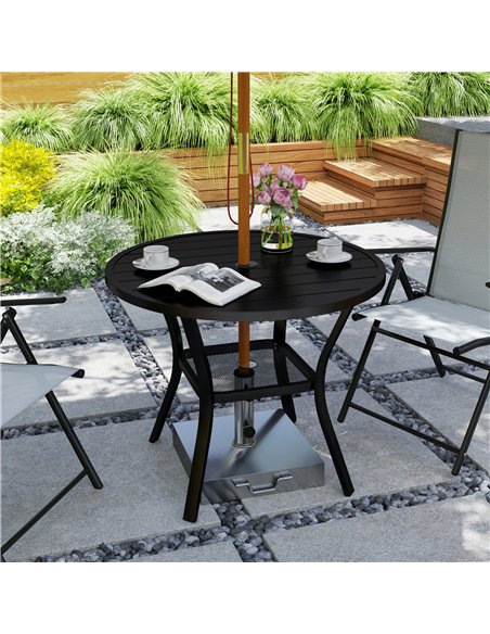 Outsunny 90 cm Garden Dining Table with 4-5 cm Parasol Hole, Round Outdoor Dining Table, Steel Garden Table with Slatted Metal T - pic 153305 | FastDaddyshop