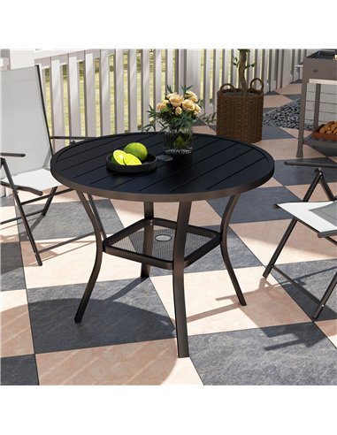 Outsunny 90 cm Garden Dining Table with 4-5 cm Parasol Hole, Round Outdoor Dining Table, Steel Garden Table with Slatted Metal T