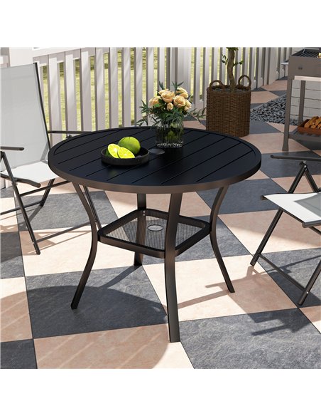 Outsunny 90 cm Garden Dining Table with 4-5 cm Parasol Hole, Round Outdoor Dining Table, Steel Garden Table with Slatted Metal T - pic 153312 | FastDaddyshop