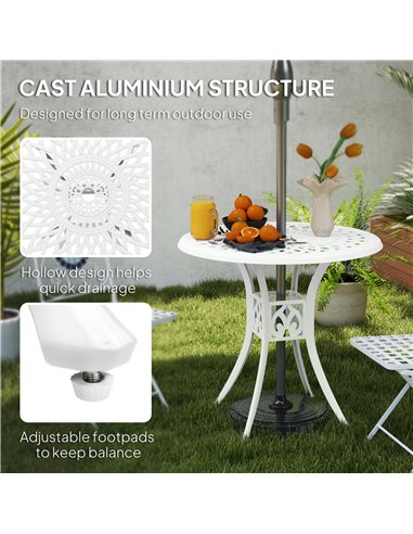 Outsunny 78 cm Round Garden Dining Table with Parasol Hole Antique Cast Aluminium Outdoor Table Only, White
