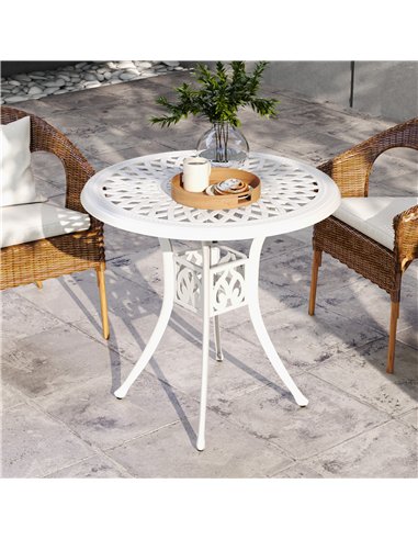 Outsunny 78 cm Round Garden Dining Table with Parasol Hole Antique Cast Aluminium Outdoor Table Only, White