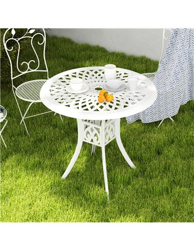 Outsunny 78 cm Round Garden Dining Table with Parasol Hole Antique Cast Aluminium Outdoor Table Only, White