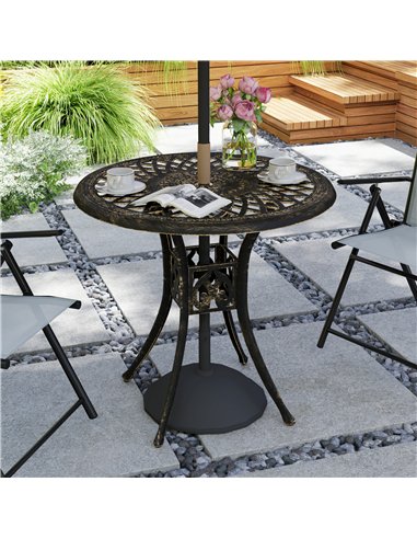 Outsunny 78 cm Round Garden Dining Table with Parasol Hole Antique Cast Aluminium Outdoor Table Only, Bronze Tone