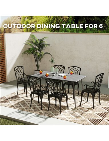 Outsunny Rectangle Garden Table with Slat Top, Steel Frame, Outdoor Table for 6 Person, 150 x 80 x 74 cm, Grey