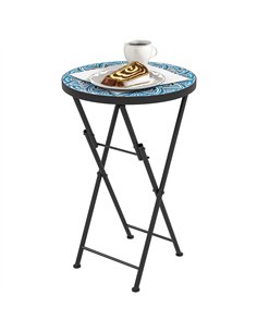 Outsunny Mosaic Outdoor Garden Table, 35.5cm Round Folding Coffee Table with Metal Frame for Balcony Terrace, Blue
