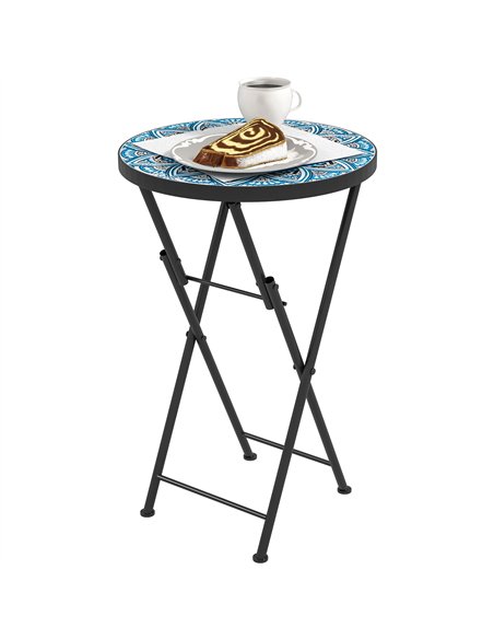 Outsunny Mosaic Outdoor Garden Table, 35.5cm Round Folding Coffee Table with Metal Frame for Balcony Terrace, Blue - pic 153349 | FastDaddyshop