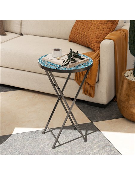 Outsunny Mosaic Outdoor Garden Table, 35.5cm Round Folding Coffee Table with Metal Frame for Balcony Terrace, Blue - pic 153350 | FastDaddyshop