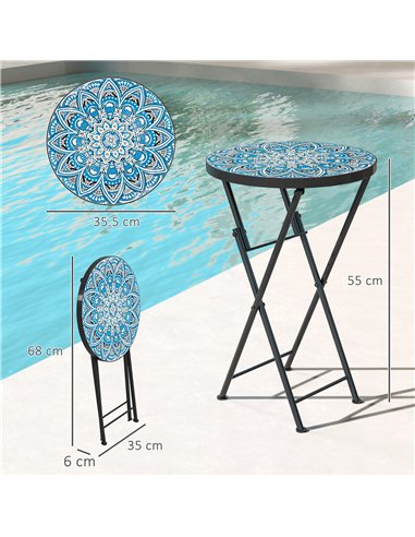 Outsunny Mosaic Outdoor Garden Table, 35.5cm Round Folding Coffee Table with Metal Frame for Balcony Terrace, Blue