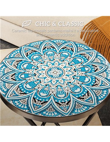 Outsunny Mosaic Outdoor Garden Table, 35.5cm Round Folding Coffee Table with Metal Frame for Balcony Terrace, Blue